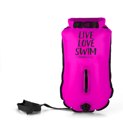 BuddySwim Schwimmboje 20l Volumen LIVE LOVE SWIM mit Cap - pink