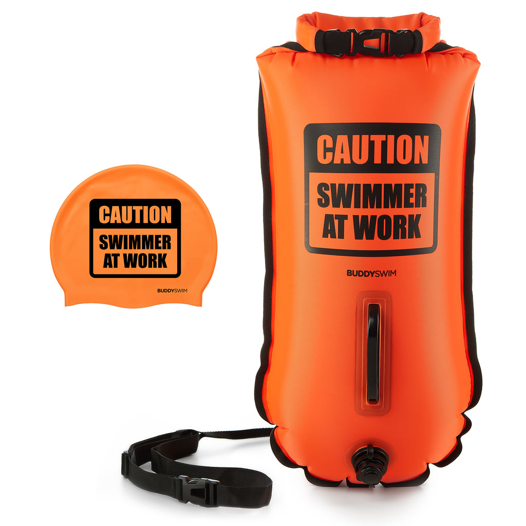 BuddySwim Schwimmboje 28l mit Cap CAUTION SWIMMER AT WORK leuchtend orange