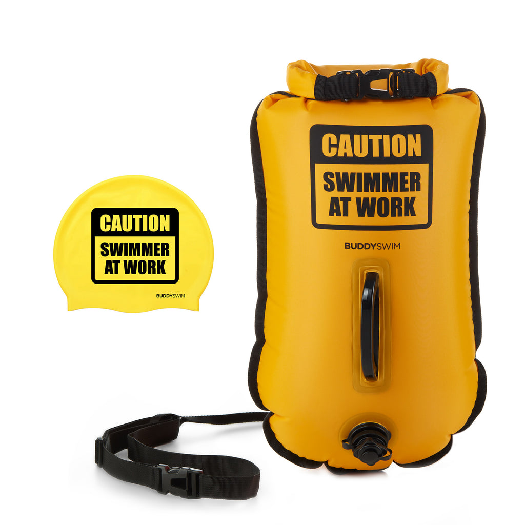 BuddySwim Schwimmboje 20l CAUTION SWIMMER AT WORK mit Cap gelb