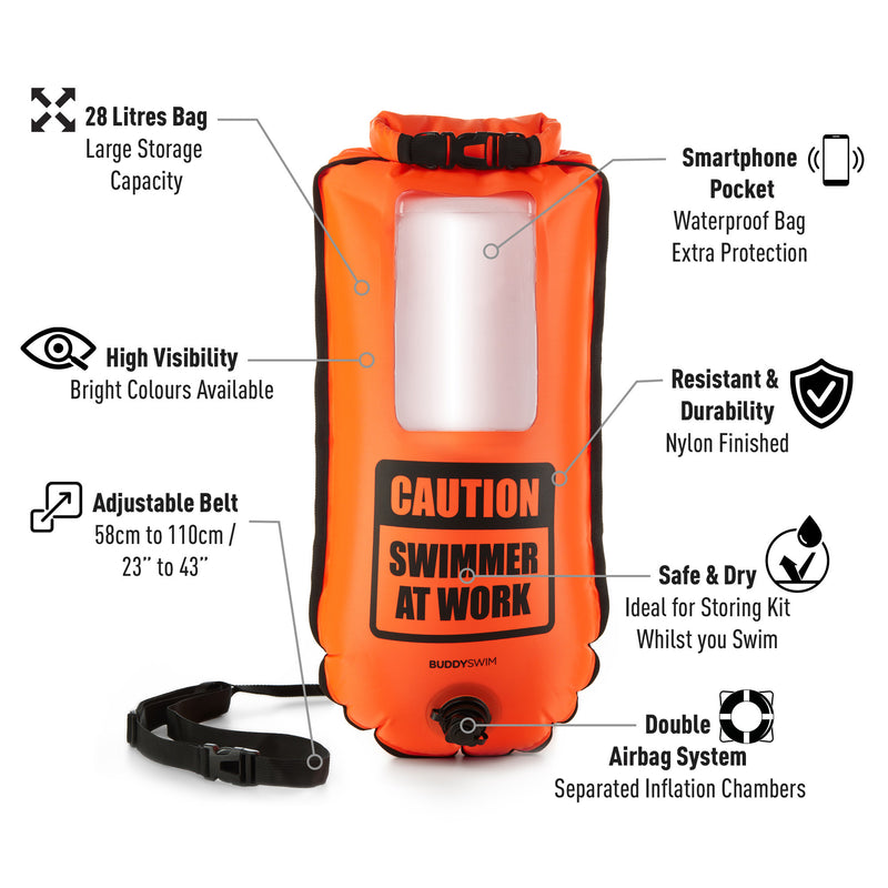 BuddySwim Schwimmboje Smartphone 28l Volumen und Sichtfenster "CAUTION SWIMMER AT WORK“ mit separater Handyhülle