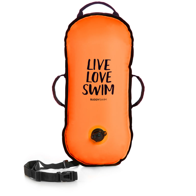 BUDDYSWIM Schwimmboje "Ultralight" (ohne Stauraum), leuchtend orange, Aufschrift "LIVE LOVE SWIM"