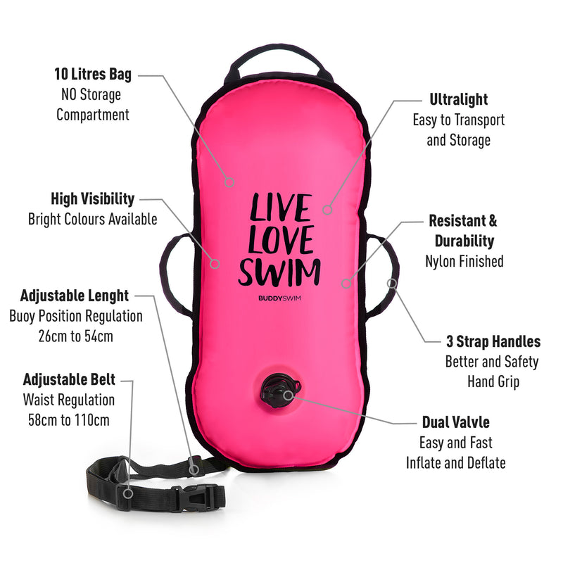 BUDDYSWIM Schwimmboje "Ultralight" (ohne Stauraum), pink, Aufschrift "LIVE LOVE SWIM"